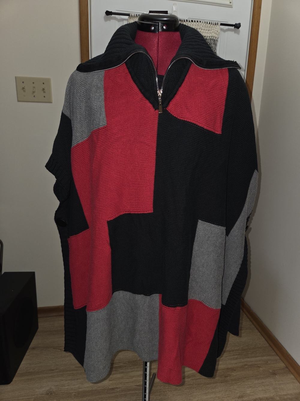 Women's Colorblock Zip-Up Sweater Poncho in Red, Black & Gray